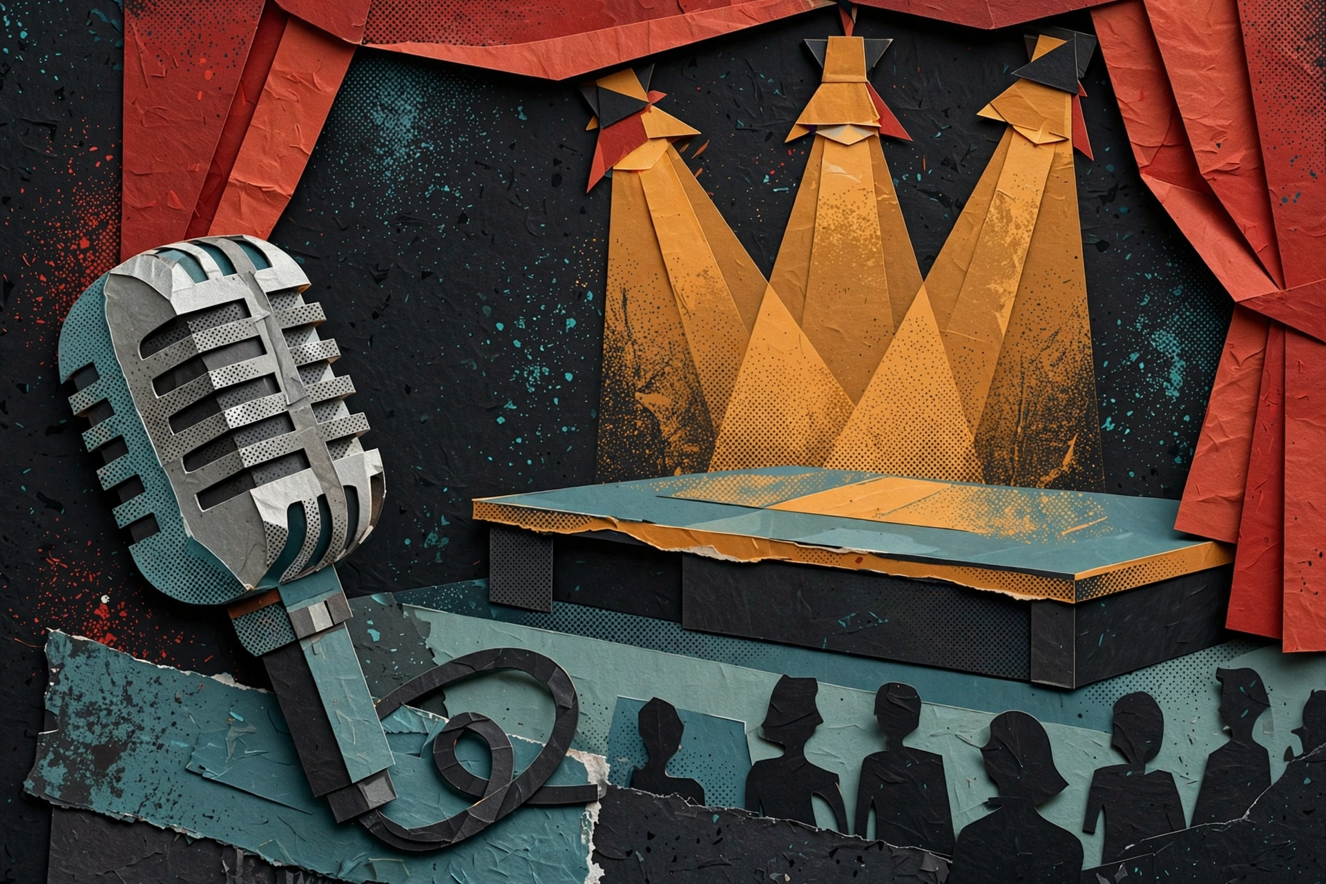 Illustration of a chrome microphone facing a warmly lit neighborhood stage